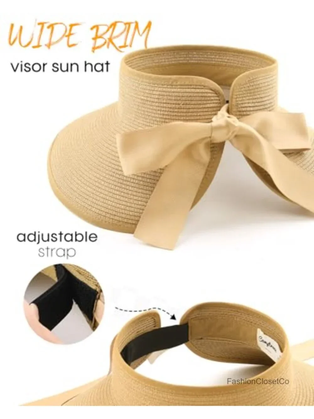 Straw Visor Hat Wide Brim UPF 50+ Foldable Packable Summer Sun Hat